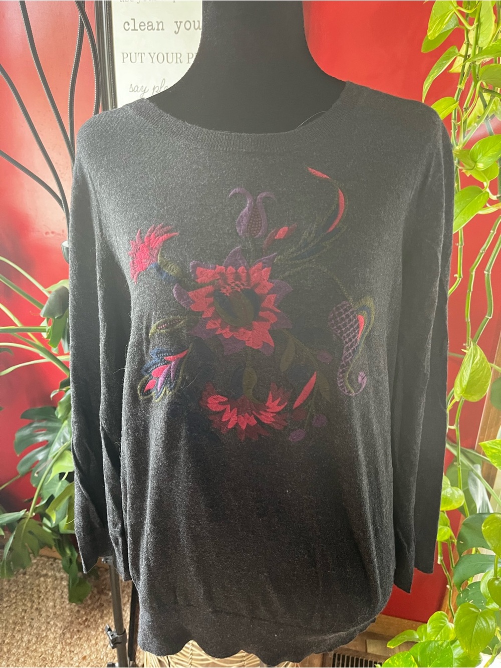 Ralph Lauren grey Long Sleeve Crewneck Sweater with Pink & Purple Floral Motif